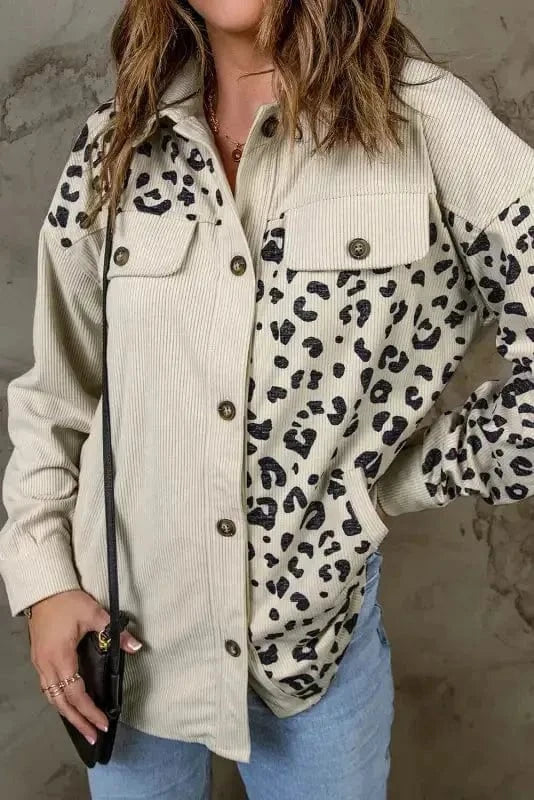 Shackets Apricot Leopard Print Detail Pocketed Corduroy Jacket