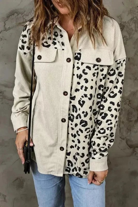 Shackets Apricot Leopard Print Detail Pocketed Corduroy Jacket