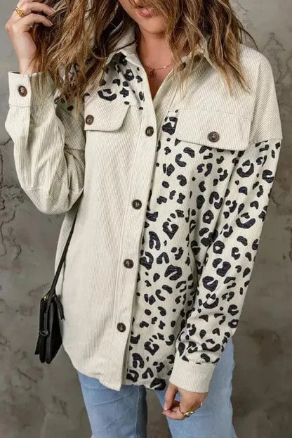Shackets Apricot / S / 100%Polyester Apricot Leopard Print Detail Pocketed Corduroy Jacket