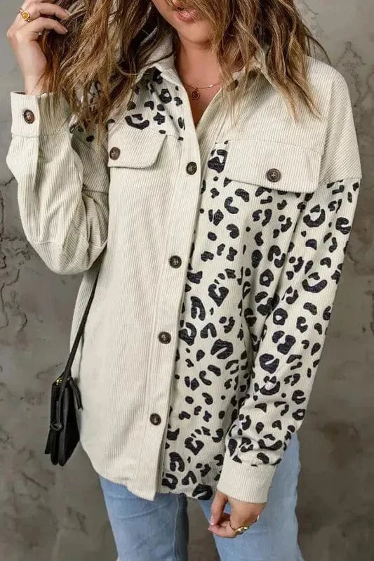 Shackets Apricot / S / 100%Polyester Apricot Leopard Print Detail Pocketed Corduroy Jacket