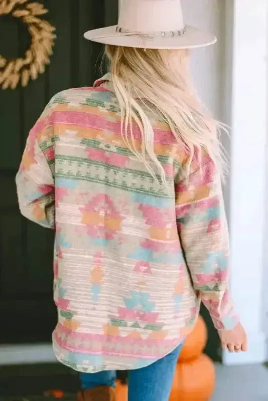 Aztec print western shacket showing bold southwestern pattern and flap pocket detail Fashionfitz UK