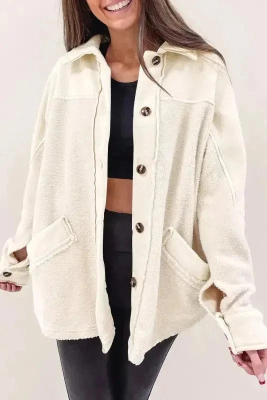 Shackets Beige Button-Up Stitching Pocket Raw Hem Shacket