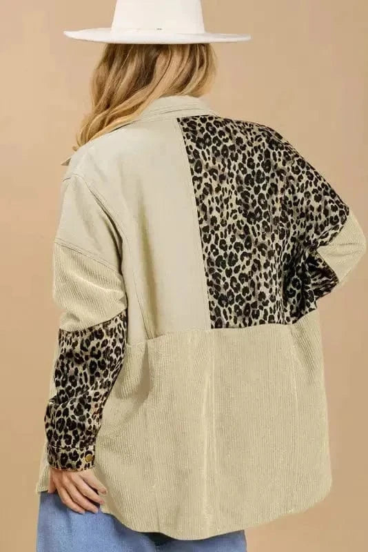 Shackets Beige Leopard Patchwork High Low Shirt Jacket