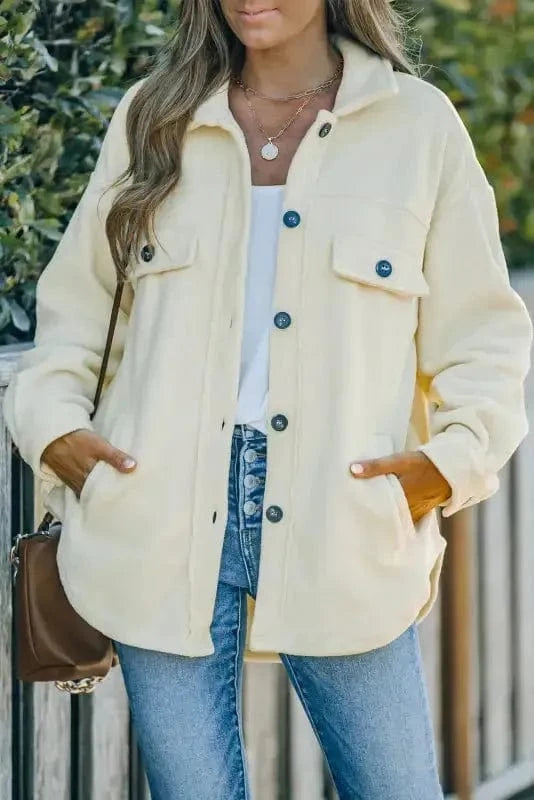 Shackets Beige / S / 100%Polyester Turn Down Collar Buttoned Shirt Jacket