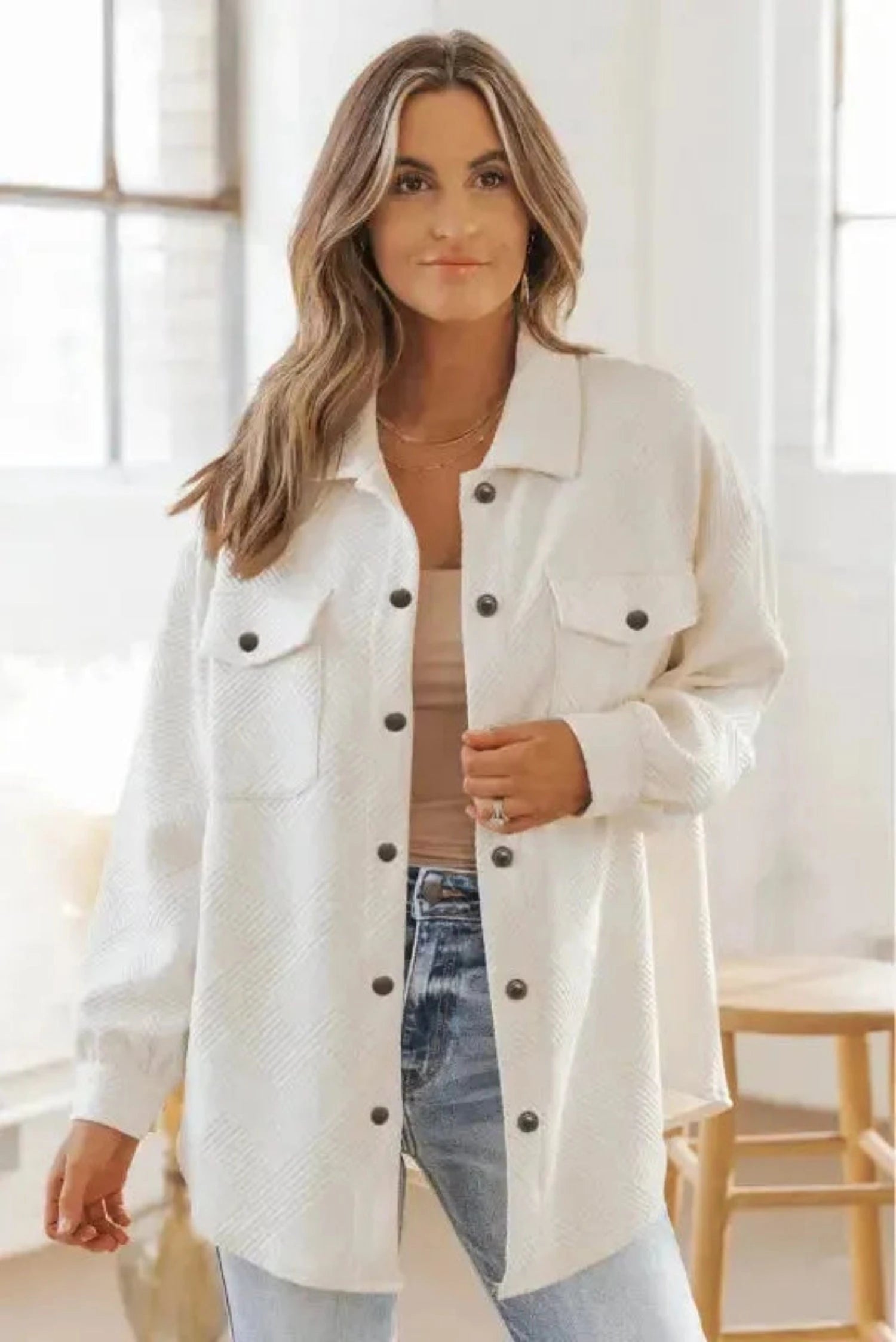 Shackets Beige Textured Shacket with Flap Pockets