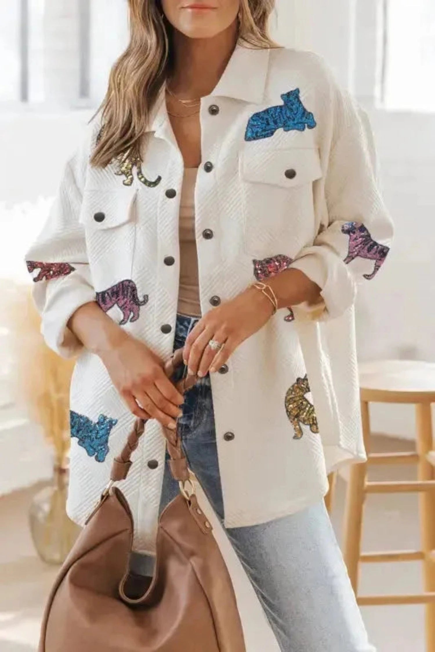 Shackets Beige1 / 2XL / 95%Polyester+5%Elastane Beige Textured Shacket with Flap Pockets