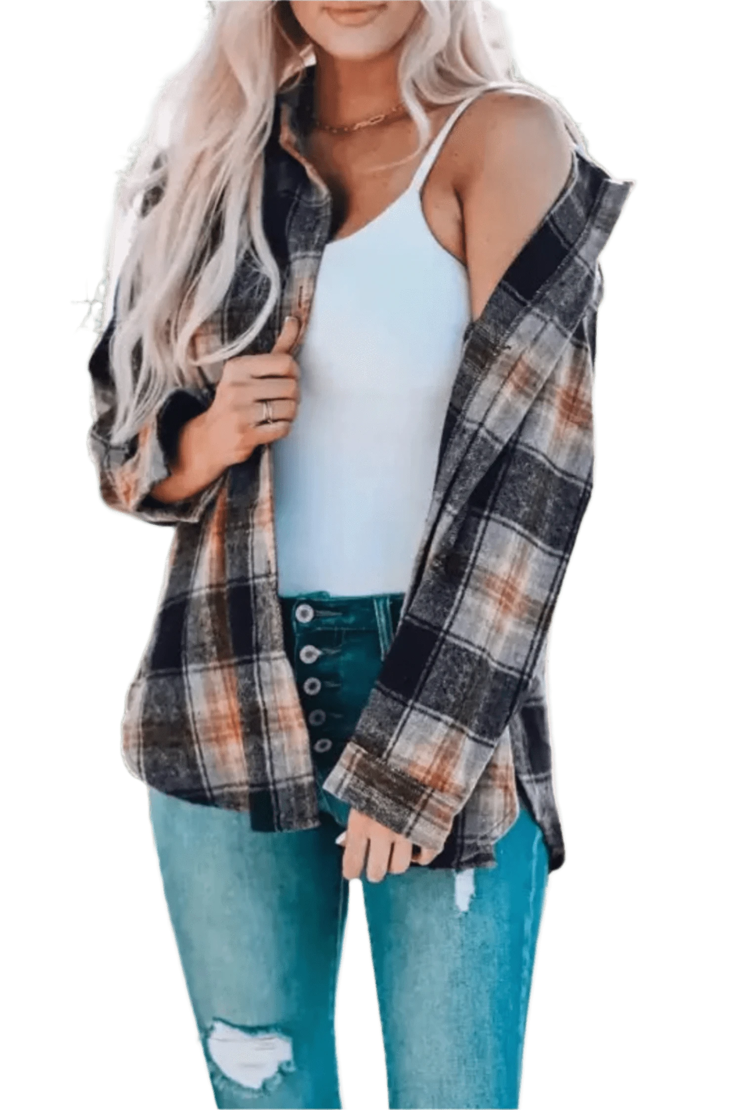 Shackets Black / S / 100%Polyester Oversized Plaid Slit Hem Longline Shirt