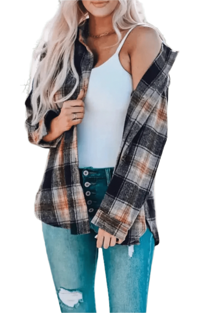 Shackets Black / S / 100%Polyester Oversized Plaid Slit Hem Longline Shirt