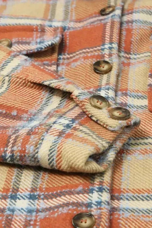 Shackets Blue Oversized Flap Pockets Plaid Shacket with Slits