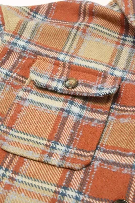 Shackets Blue Oversized Flap Pockets Plaid Shacket with Slits