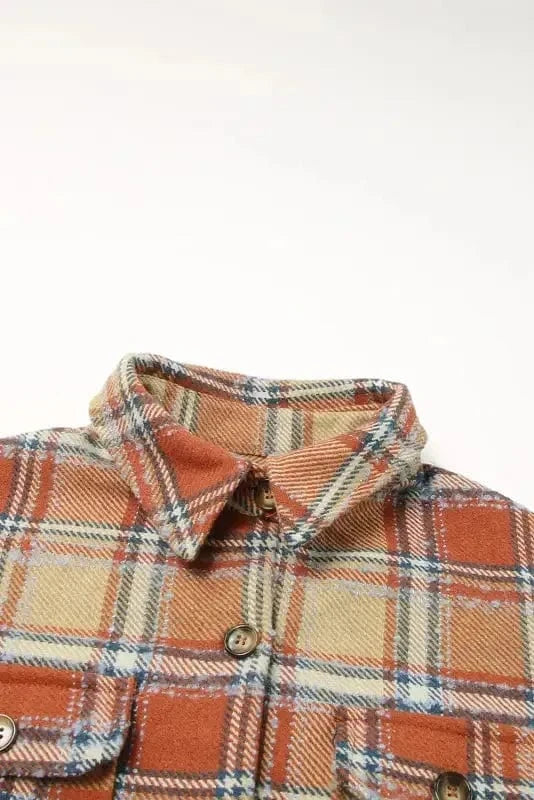 Shackets Blue Oversized Flap Pockets Plaid Shacket with Slits