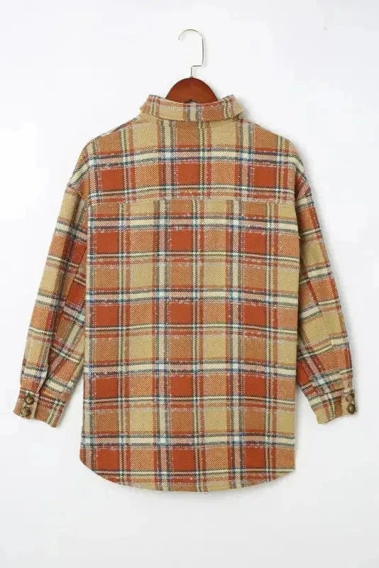 Shackets Blue Oversized Flap Pockets Plaid Shacket with Slits