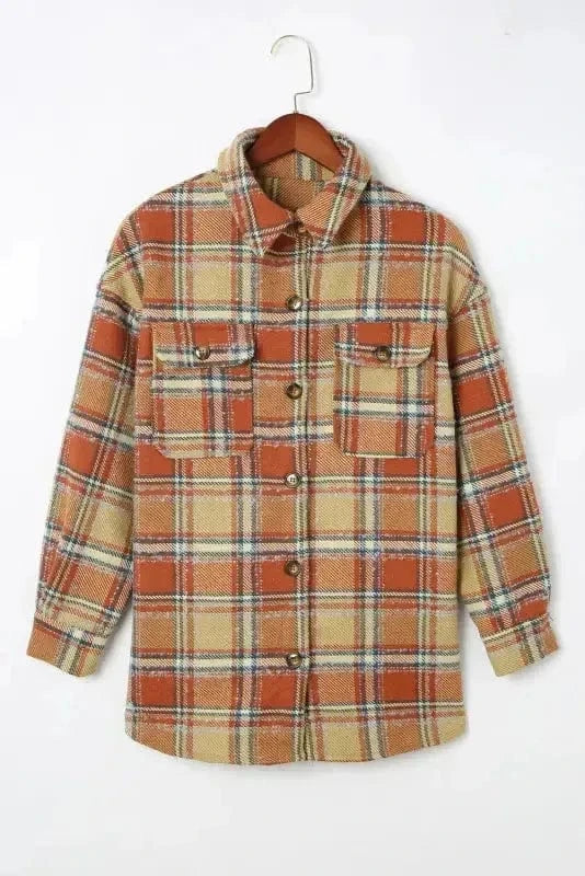 Shackets Blue Oversized Flap Pockets Plaid Shacket with Slits