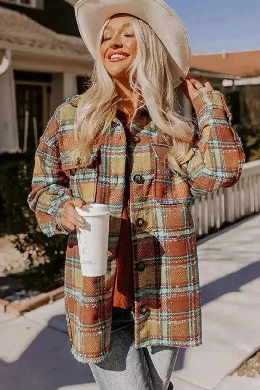 Shackets Blue Oversized Flap Pockets Plaid Shacket with Slits