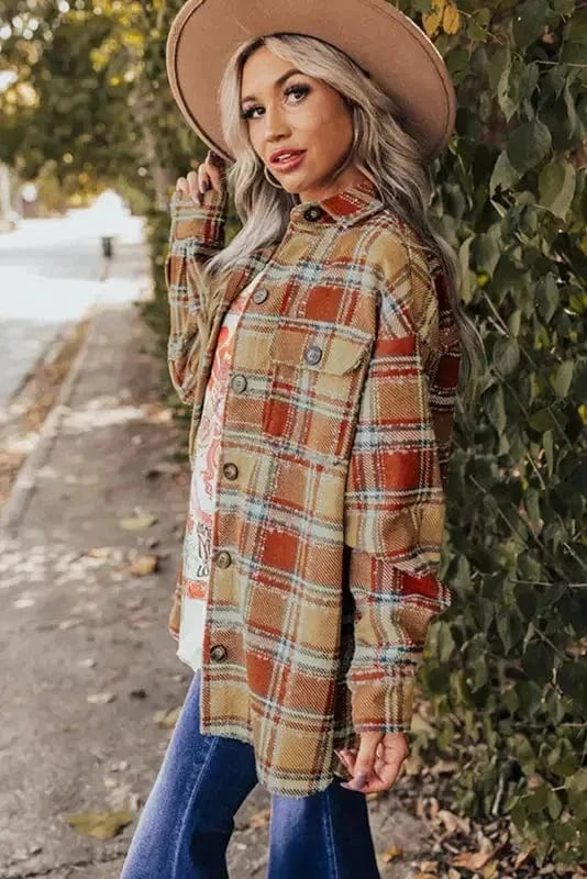 Shackets Blue Oversized Flap Pockets Plaid Shacket with Slits