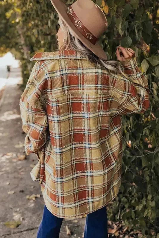 Shackets Blue Oversized Flap Pockets Plaid Shacket with Slits