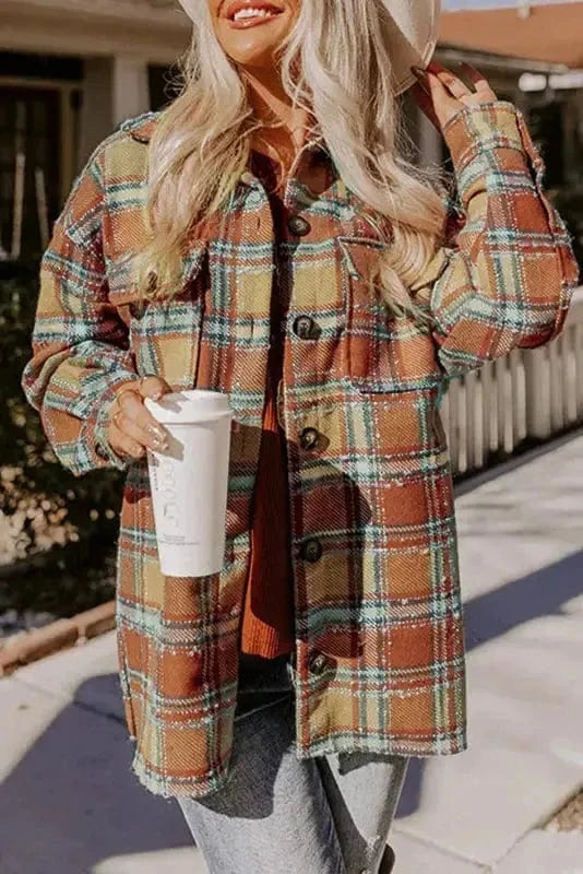 Shackets Blue Oversized Flap Pockets Plaid Shacket with Slits
