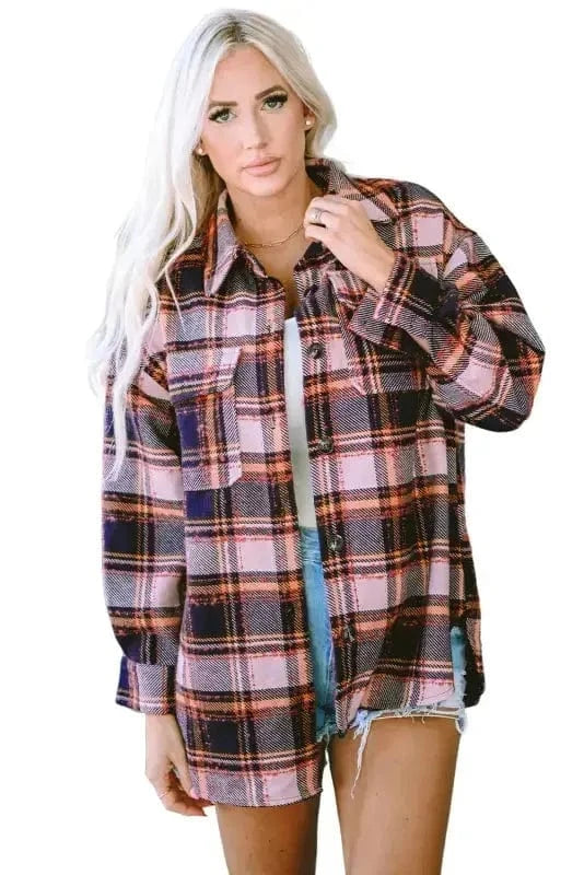 Shackets Blue Oversized Flap Pockets Plaid Shacket with Slits