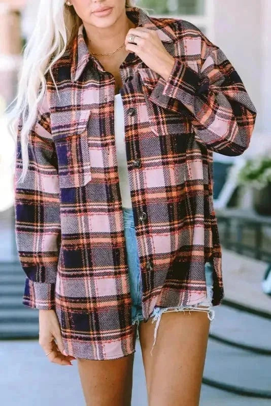 Shackets Blue Oversized Flap Pockets Plaid Shacket with Slits