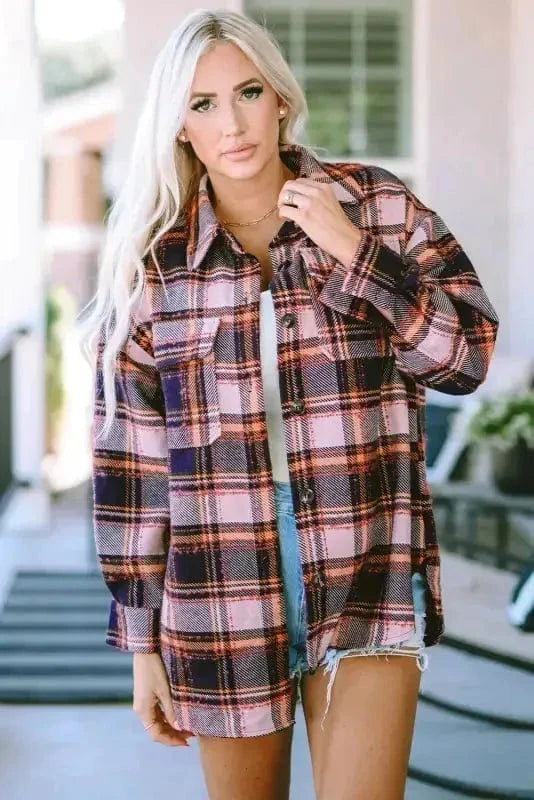 Shackets Blue Oversized Flap Pockets Plaid Shacket with Slits