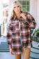 Shackets Blue Oversized Flap Pockets Plaid Shacket with Slits