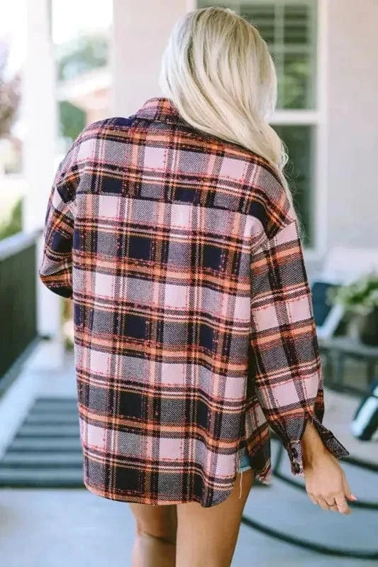 Shackets Blue Oversized Flap Pockets Plaid Shacket with Slits