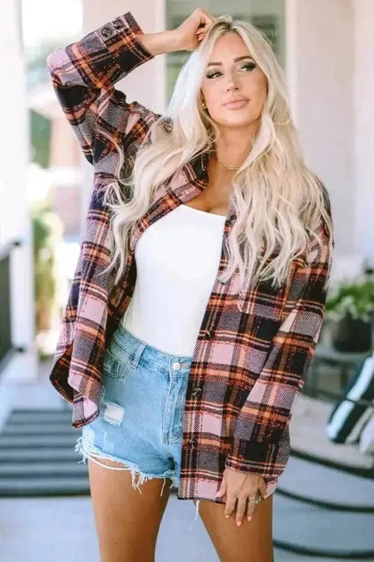 Shackets Blue Oversized Flap Pockets Plaid Shacket with Slits