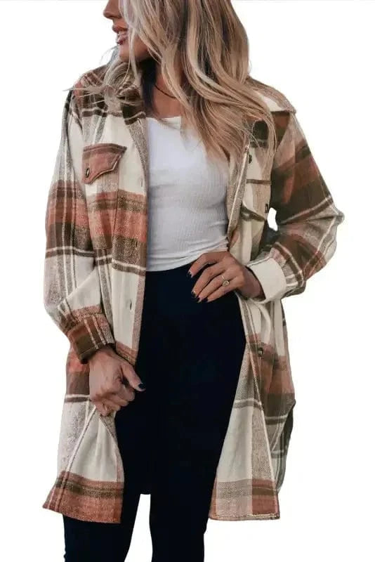 Shackets Brown Plaid Longline Shacket Coat for Women