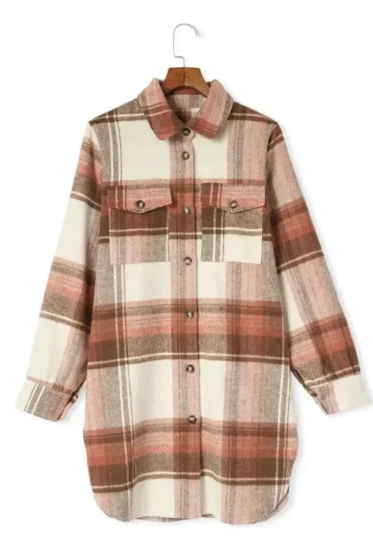 Shackets Brown Plaid Longline Shacket Coat for Women