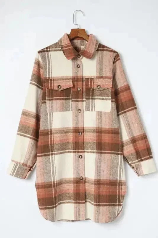 Shackets Brown Plaid Longline Shacket Coat for Women
