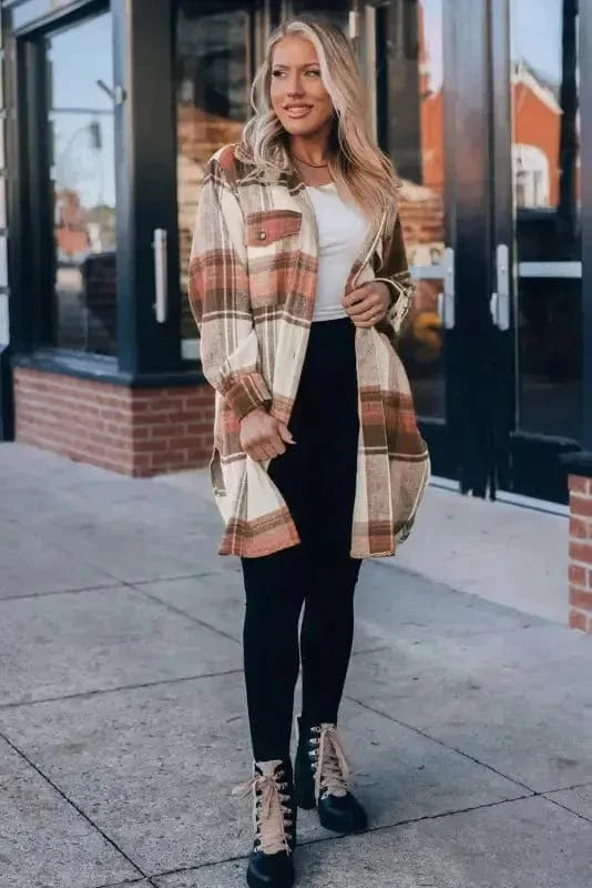 Shackets Brown Plaid Longline Shacket Coat for Women