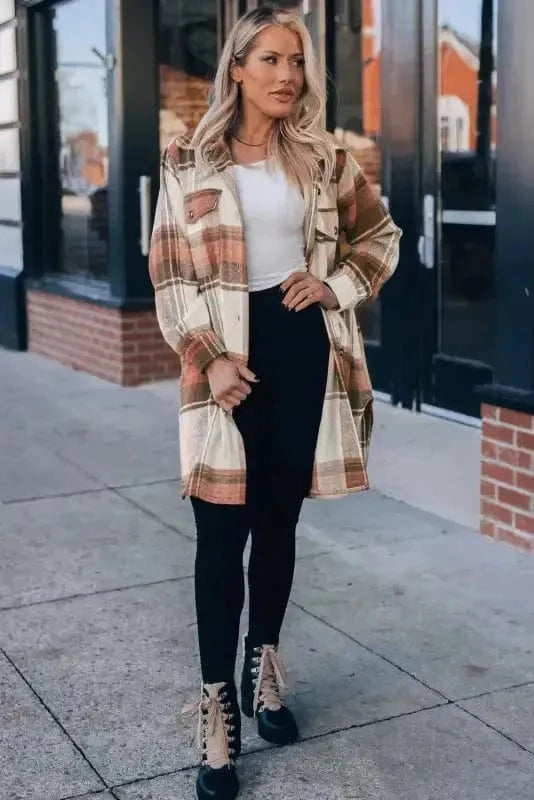 Shackets Brown Plaid Longline Shacket Coat for Women