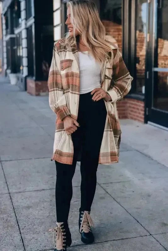 Shackets Brown Plaid Longline Shacket Coat for Women