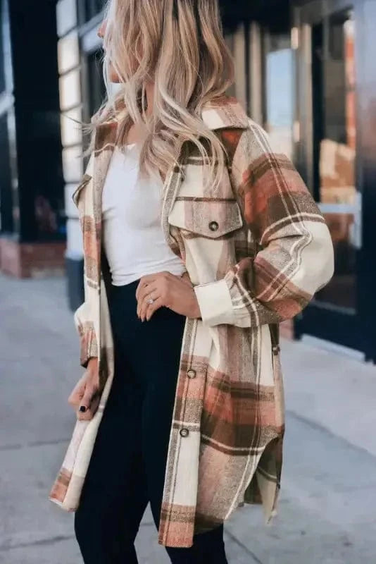 Shackets Brown Plaid Longline Shacket Coat for Women
