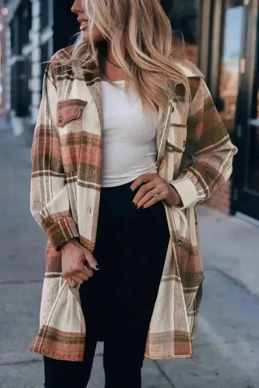 Shackets Brown Plaid Longline Shacket Coat for Women