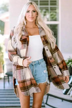 Shackets Brown Plaid Longline Shacket Coat for Women