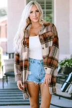 Shackets Brown Plaid Longline Shacket Coat for Women