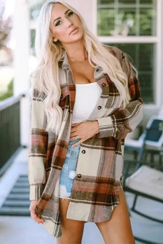 Shackets Brown Plaid Longline Shacket Coat for Women