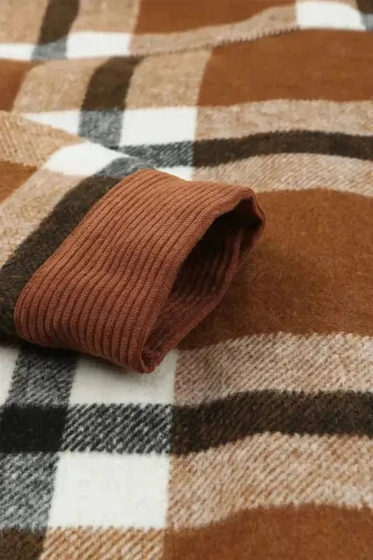Shackets Brown Pocketed Buttoned Plaid Shirt Jacket