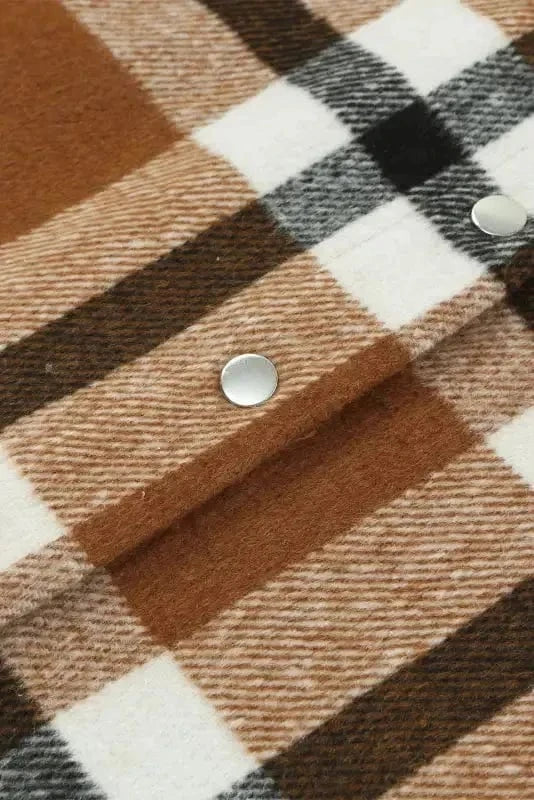 Shackets Brown Pocketed Buttoned Plaid Shirt Jacket