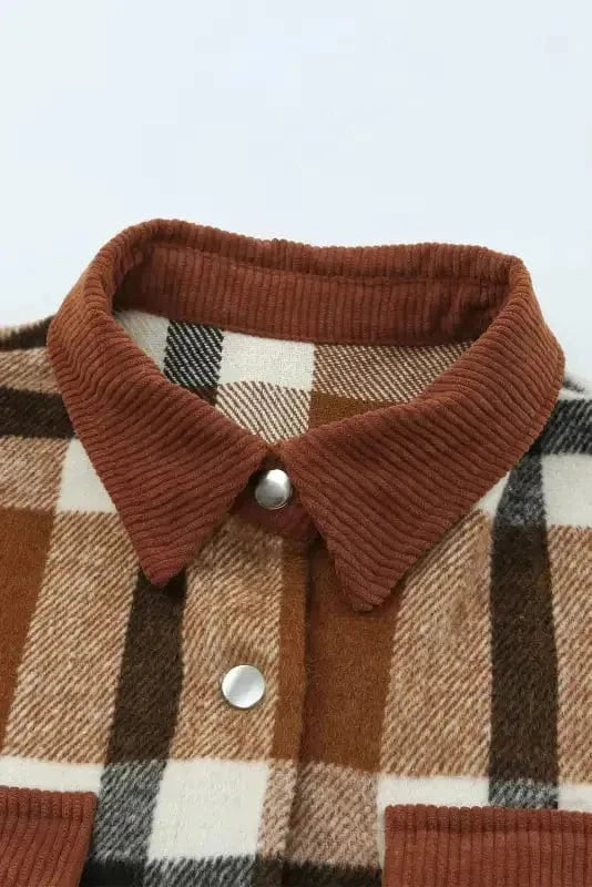 Shackets Brown Pocketed Buttoned Plaid Shirt Jacket