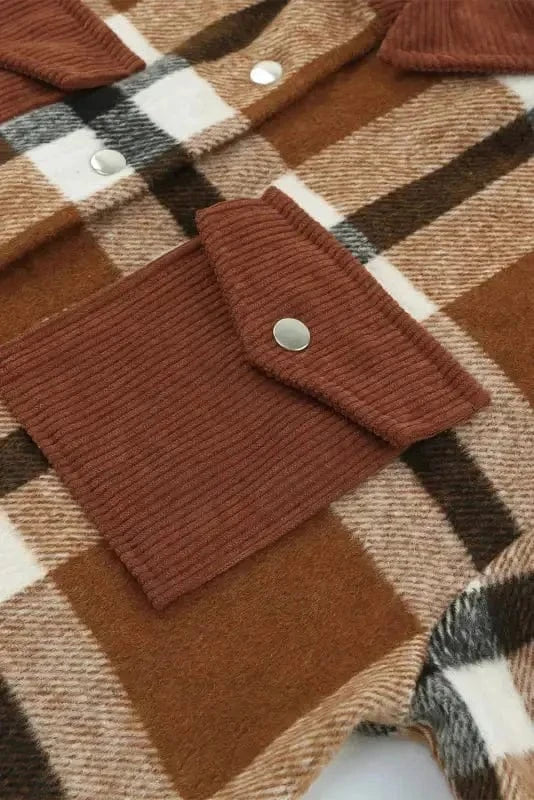 Shackets Brown Pocketed Buttoned Plaid Shirt Jacket
