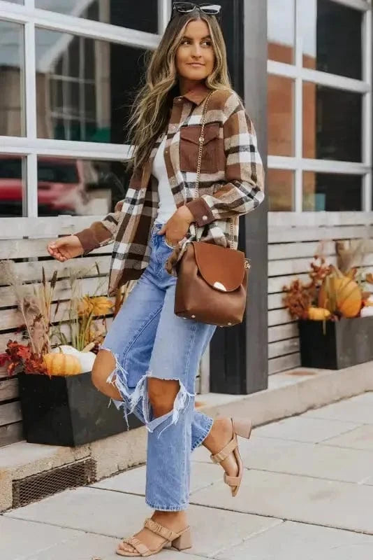 Shackets Brown Pocketed Buttoned Plaid Shirt Jacket