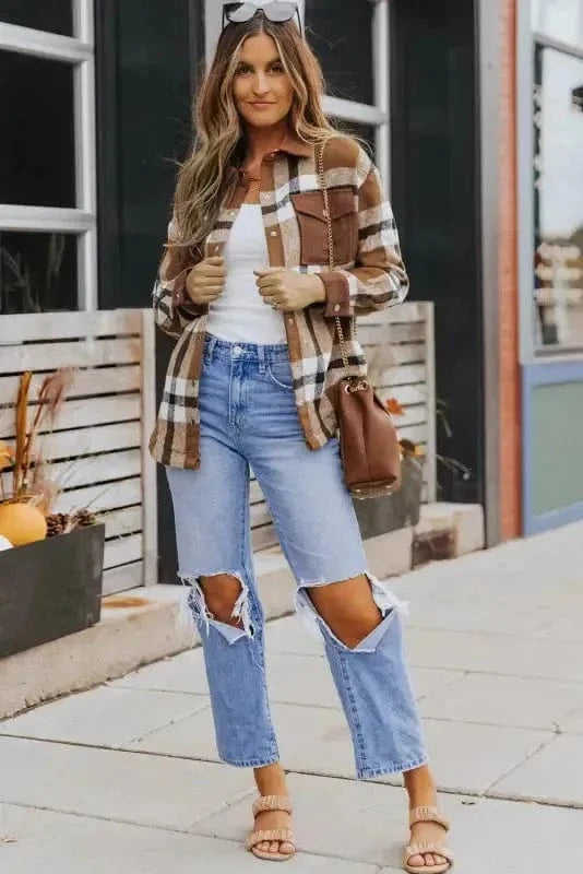 Shackets Brown Pocketed Buttoned Plaid Shirt Jacket