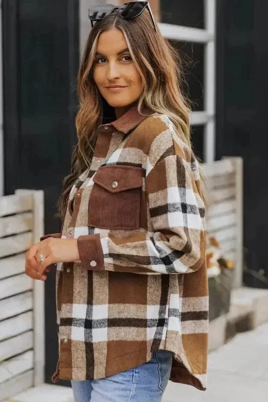 Shackets Brown Pocketed Buttoned Plaid Shirt Jacket