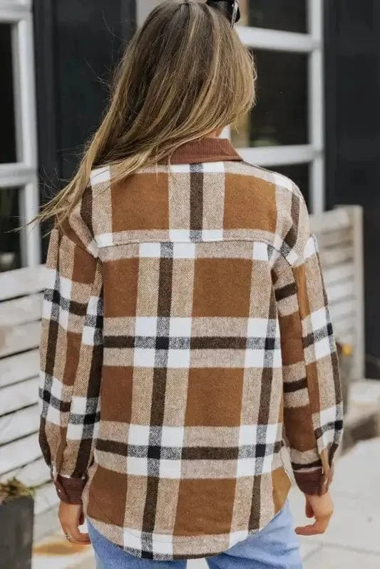 Shackets Brown Pocketed Buttoned Plaid Shirt Jacket