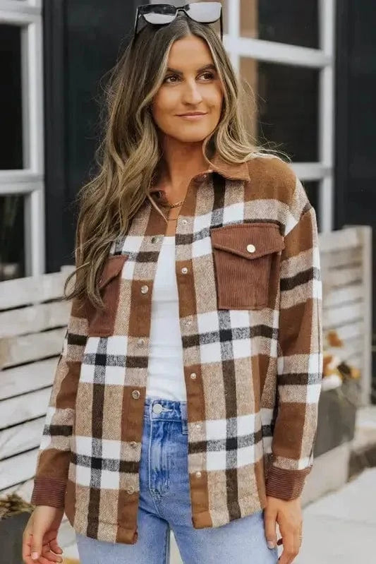 Shackets Brown / S / 100%Polyester Brown Pocketed Buttoned Plaid Shirt Jacket