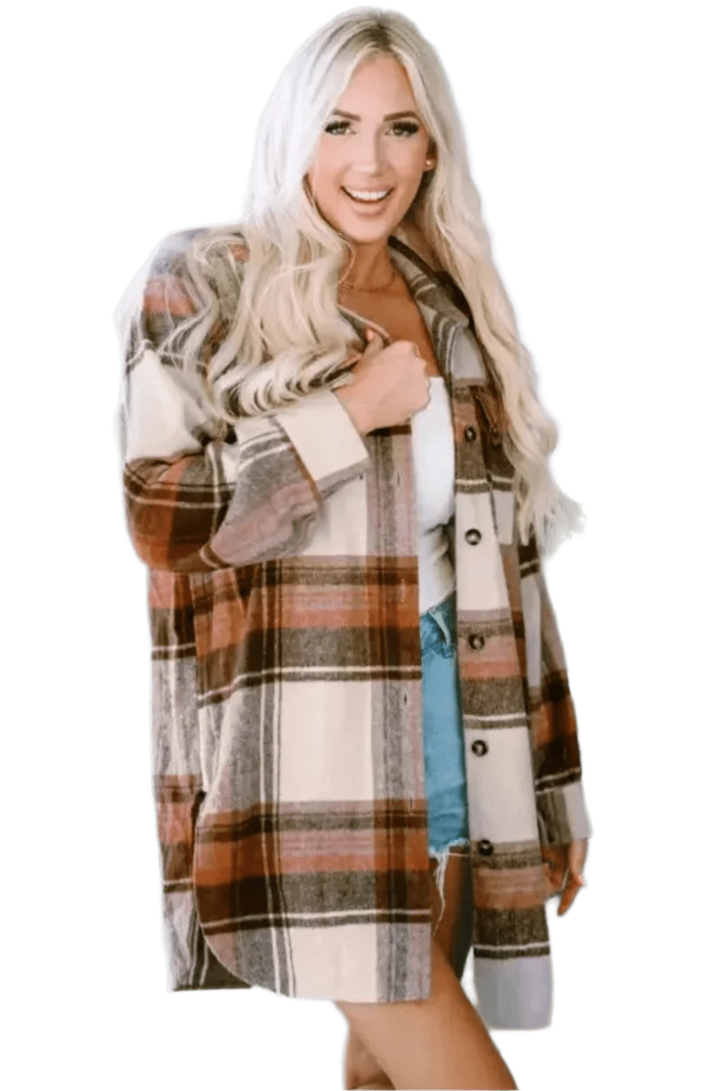 Shackets Brown / S / 53.1%Polyester+26.6%Cotton+14.9%Viscose+5.4%Polyamide Brown Plaid Longline Shacket Coat for Women