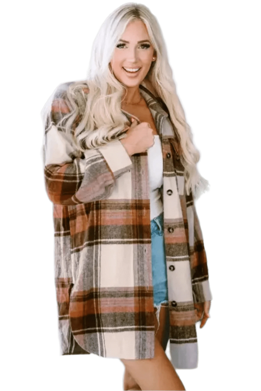 Shackets Brown / S / 53.1%Polyester+26.6%Cotton+14.9%Viscose+5.4%Polyamide Brown Plaid Longline Shacket Coat for Women