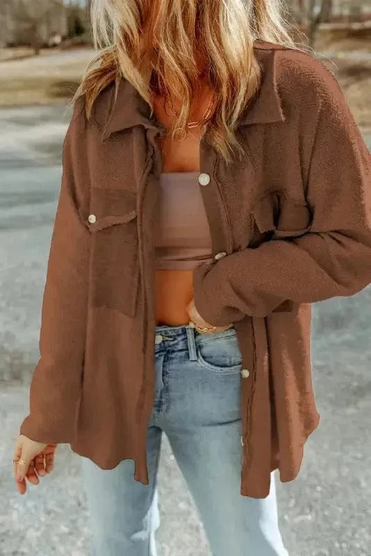 Shackets Brown / S / 85%Polyester+15%Viscose Winter Knit Shacket with Chest Pockets